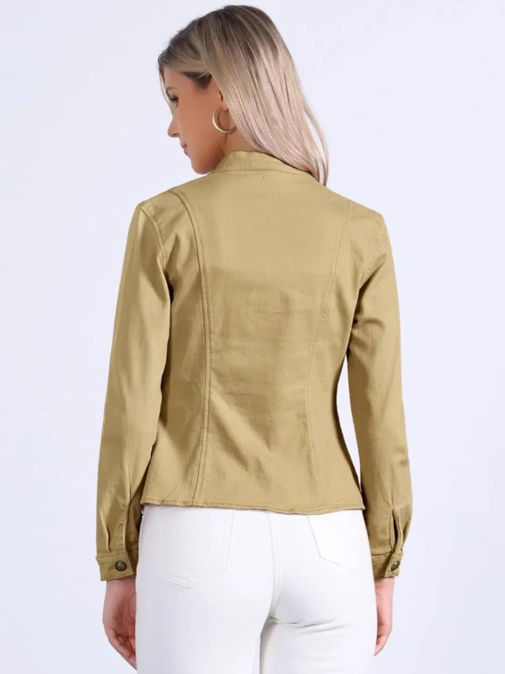 Women's Khaki Classic Stand Collar Long Sleeve Denim Jackets Flap Chest Pockets